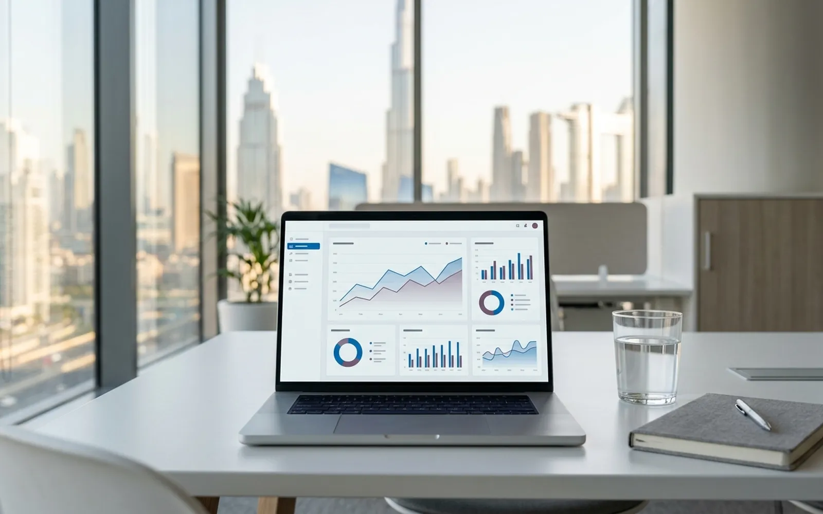 Executive enterprise analytics dashboard on a laptop with the Dubai skyline in the background