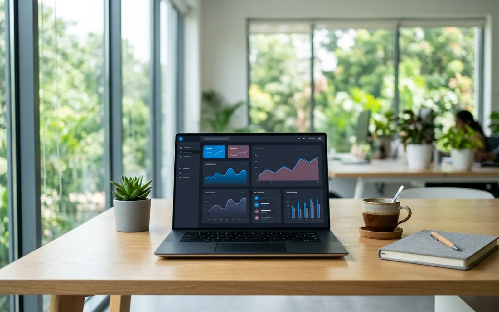 Modern business analytics dashboard displayed on a laptop in a bright Indian office setting