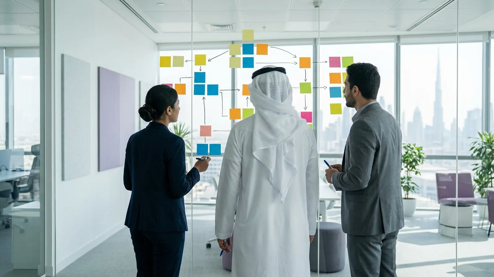 Consultants and a client mapping a business process on a glass wall in a Dubai office